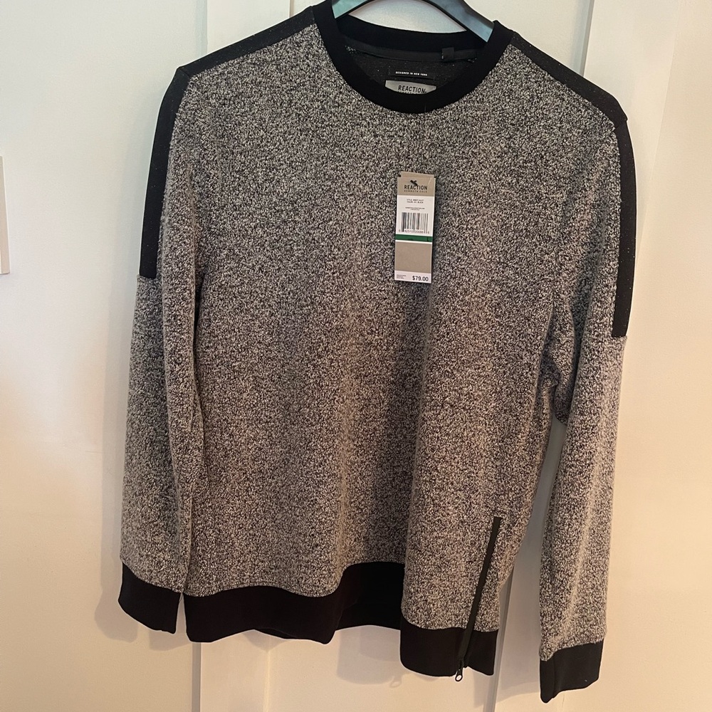 Kenneth Cole Reaction Black Grey Sweater side zip LARGE NWT NEW space dye combo